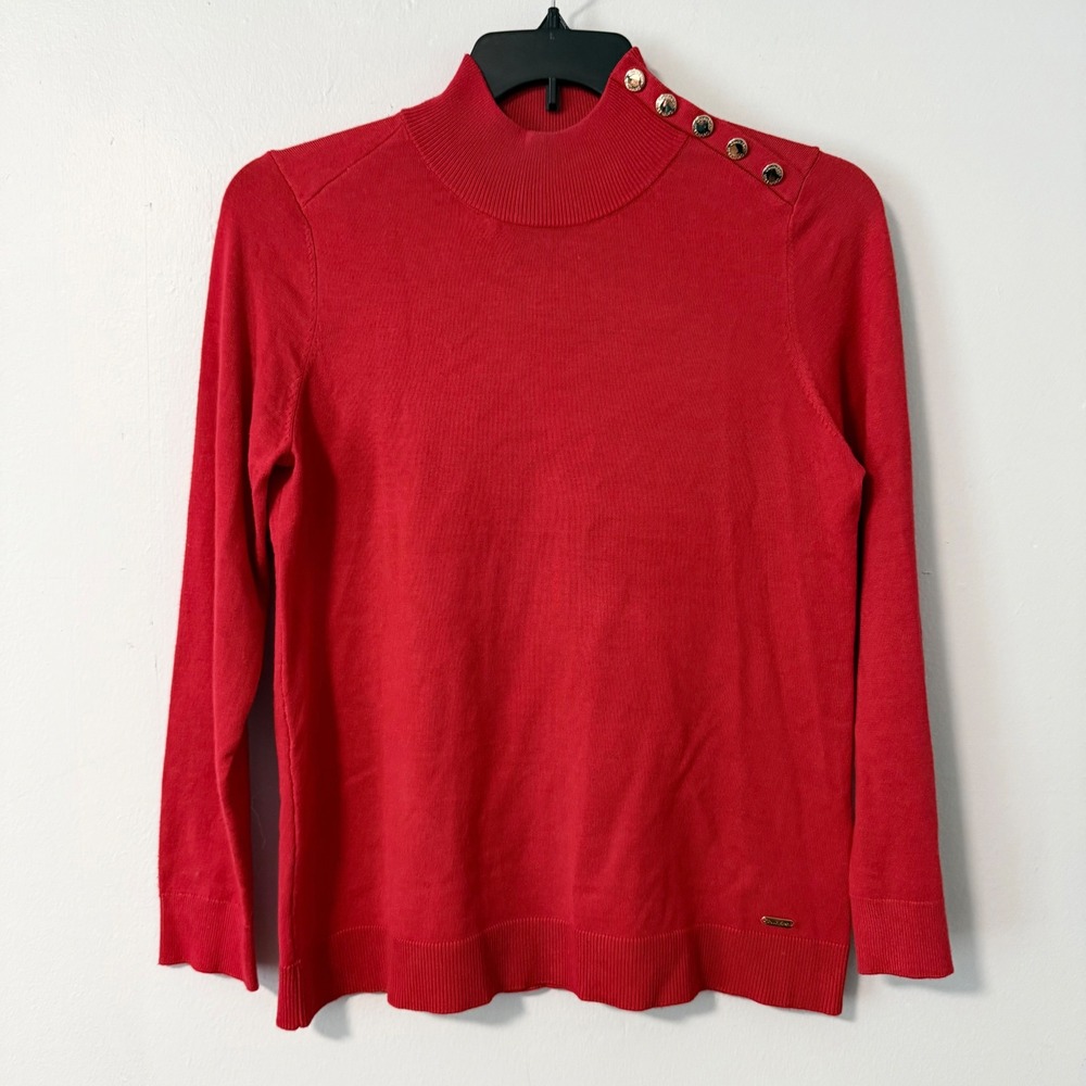 Calvin Klein Womens Red Mock Neck Shoulder Button Sweater Size Medium